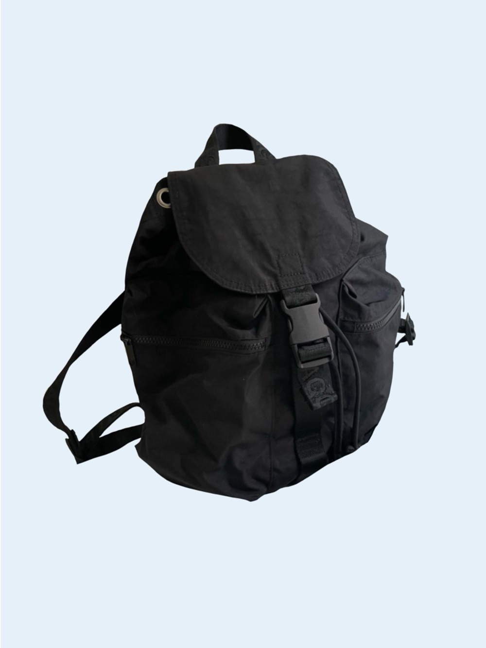 BAGGU Black Nylon Drawstring Backpack with Front Buckle